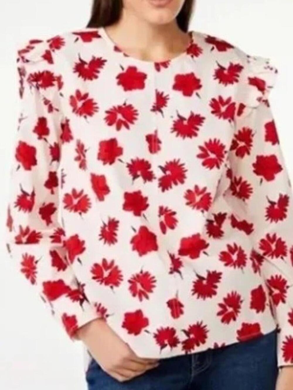 Free Assembly $44 XXL Red Floral 100% Cotton Button Ruffle Shoulder Top